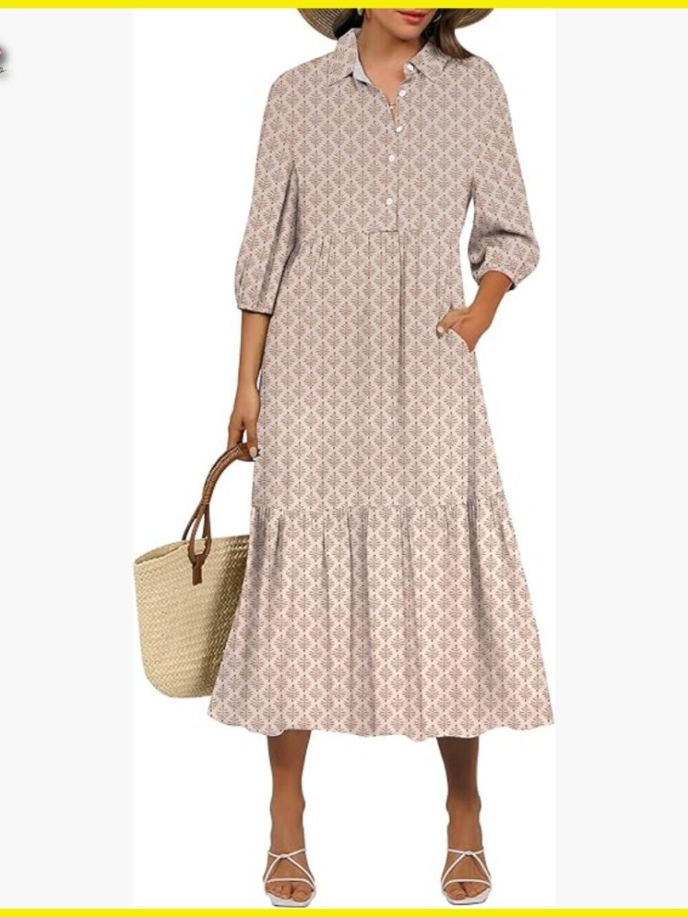 Boho Maxi Dress with 3/4 Puff Sleeves Floral Print Casual V-Neck Summer
